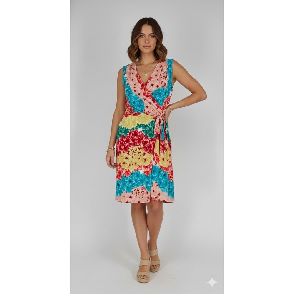 Max and Cleo Knit City Dress Women Size L Multicolor Floral Faux Wrap NEW